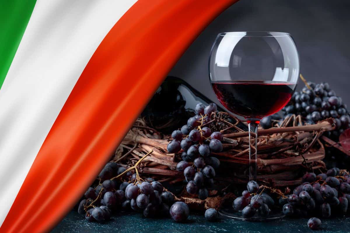 Bicchiere di vino rosso e bandiera dell'Italia